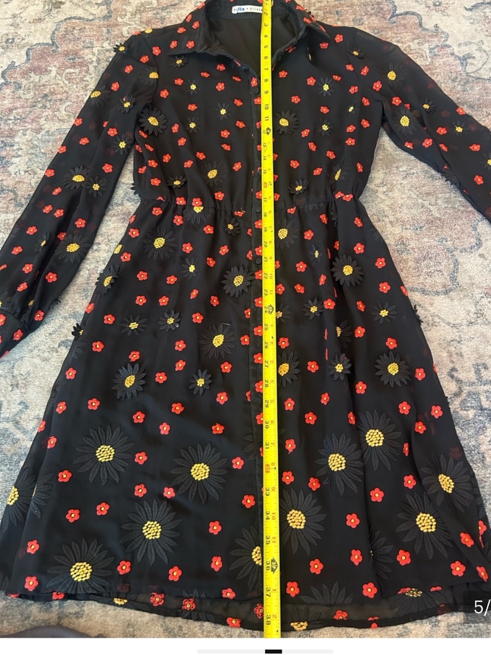 Alice + Olivia Enid Black Sheer Long-Sleeve Floral Embroidered Appliqué Size 6 - Picture 5 of 8